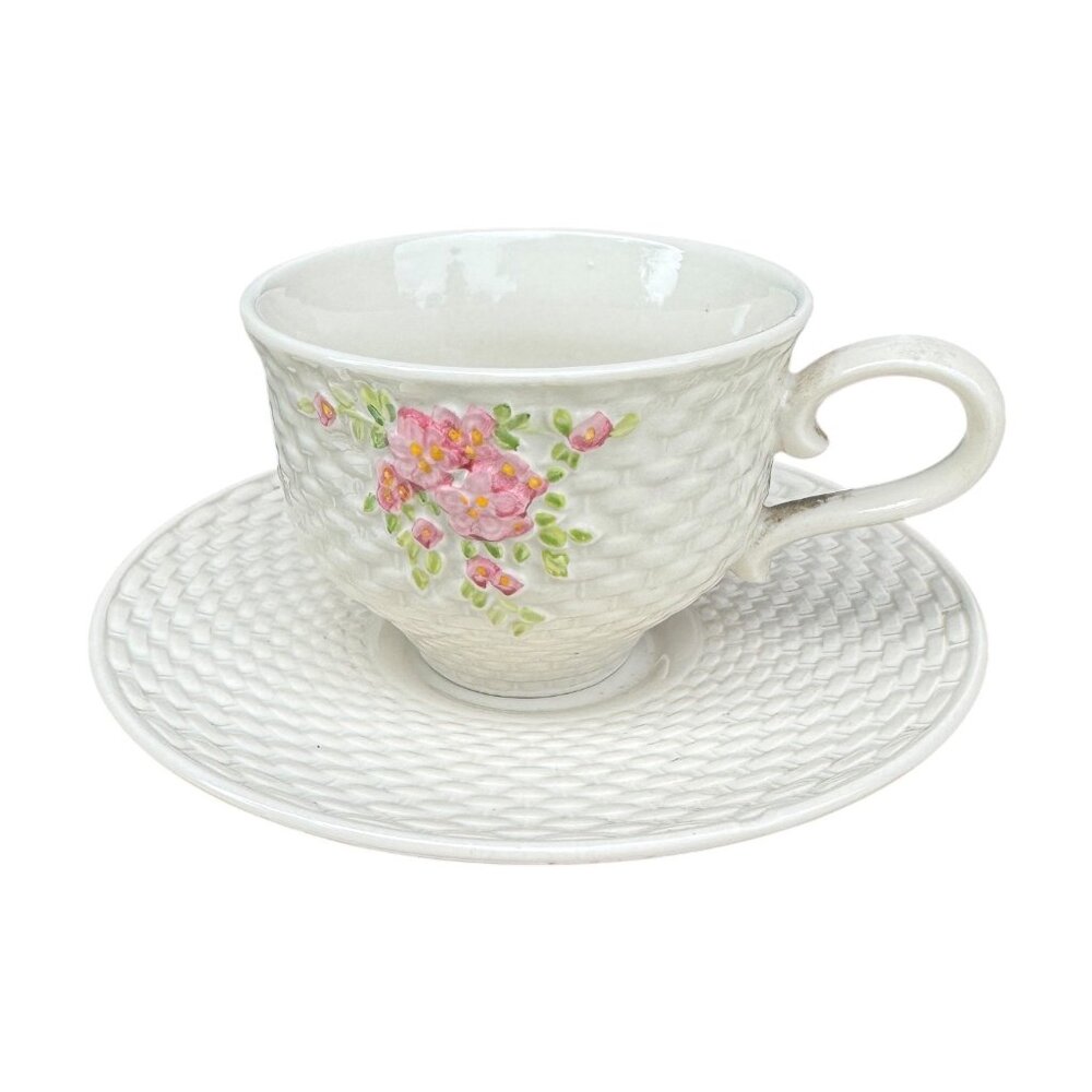 Vintage 1985 Teleflora Basketweave Ceramic Tea Cup & Saucer With Pink Floral Acc